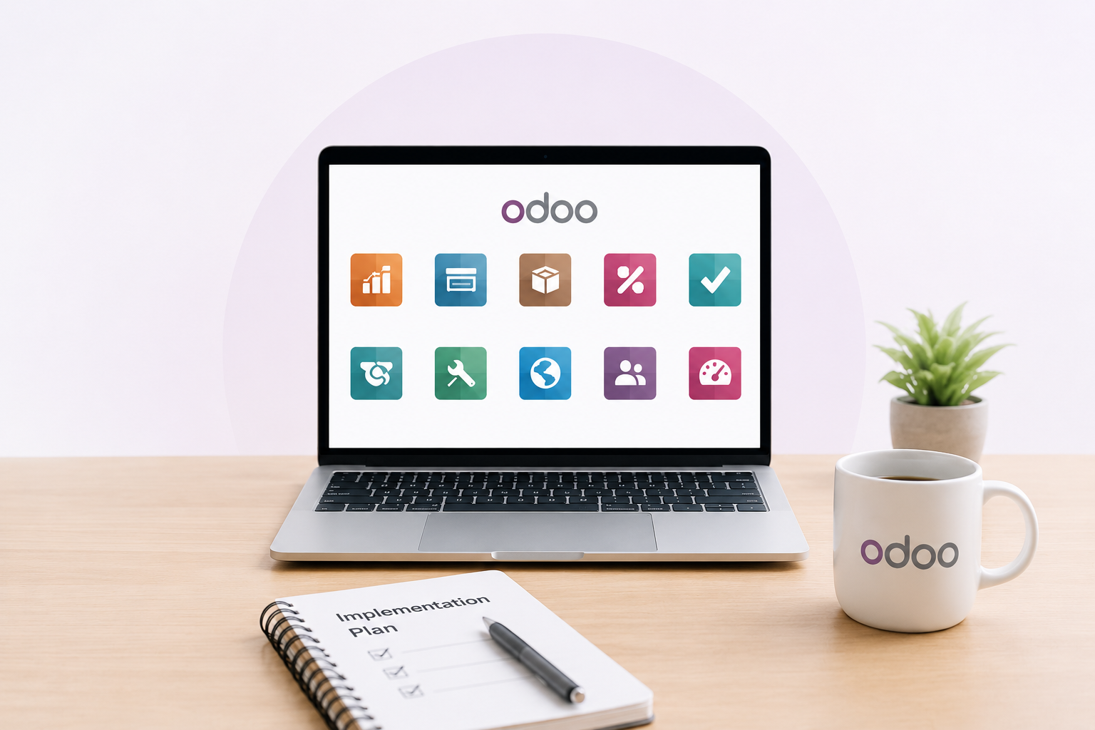 Odoo ERP Implementation Odoo ERP implementation concept showing a laptop with Odoo business application icons, an implementation plan notebook, and an Odoo-branded coffee mug.